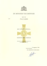 Certificate New Guinea Memorial Cross.